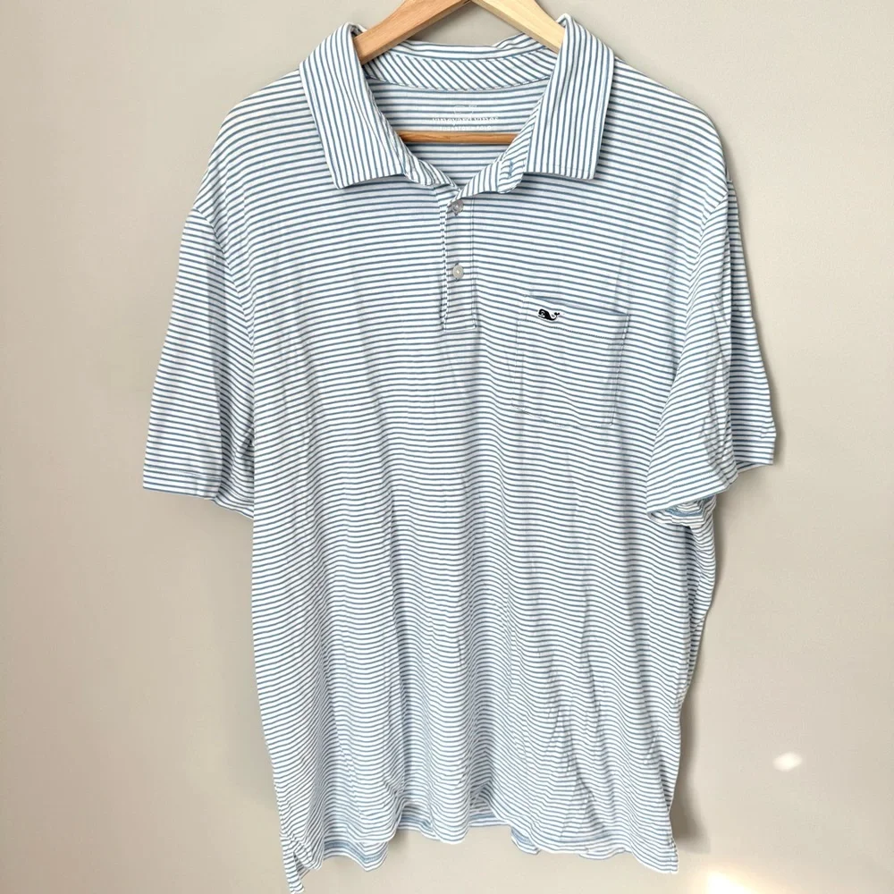 Men's Light Blue & White Striped Vineyard Vines Polo Shirt - Picture 1 of 2